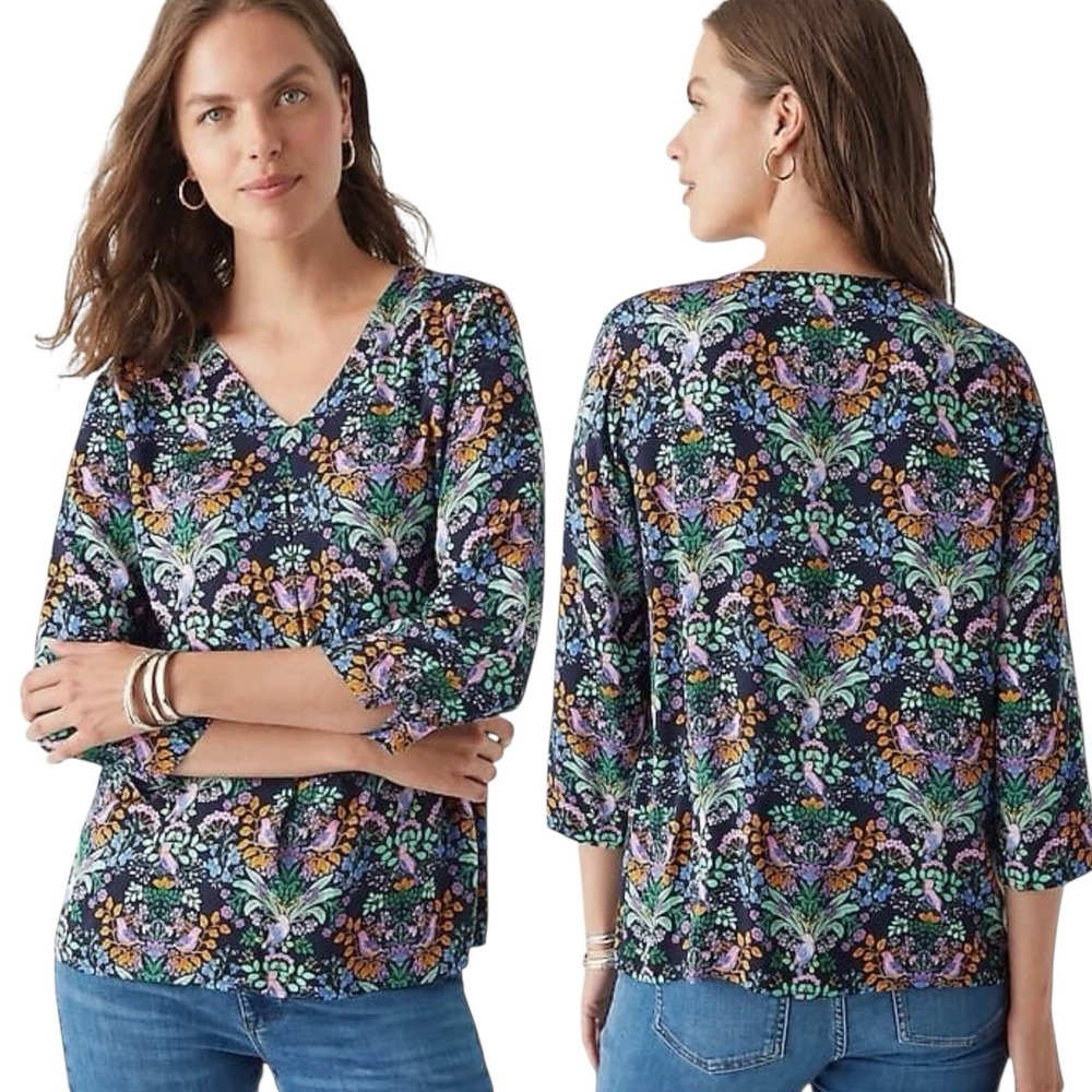 J. Jill Women Top Size M Tall Delightful Garden Satin Botanical Birds V-neck 3/4